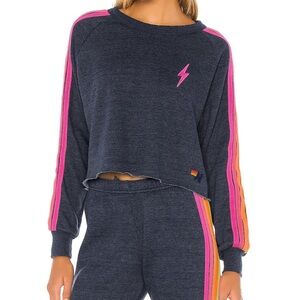 Aviator Nation Bolt Cropped Classic Crewneck in Heather Navy Neon Size Small